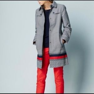 Boden Navy and Light Gray Patterned Trench Coat with Red and Navy Stripe